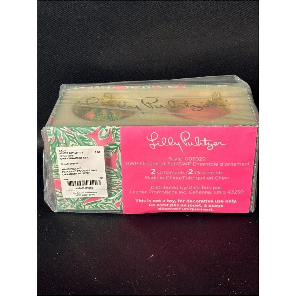 Lilly Pulitzer Christmas Ornaments Set of 2 Pink Floral Glass Baubles New in box